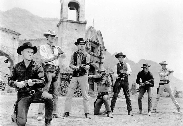 The Magnificent Seven. From left to right: Yul Brynner, Steve McQueen, Horst Buchholz, Charles Bronson, Robert Vaughn, Brad Dexter, and James Coburn